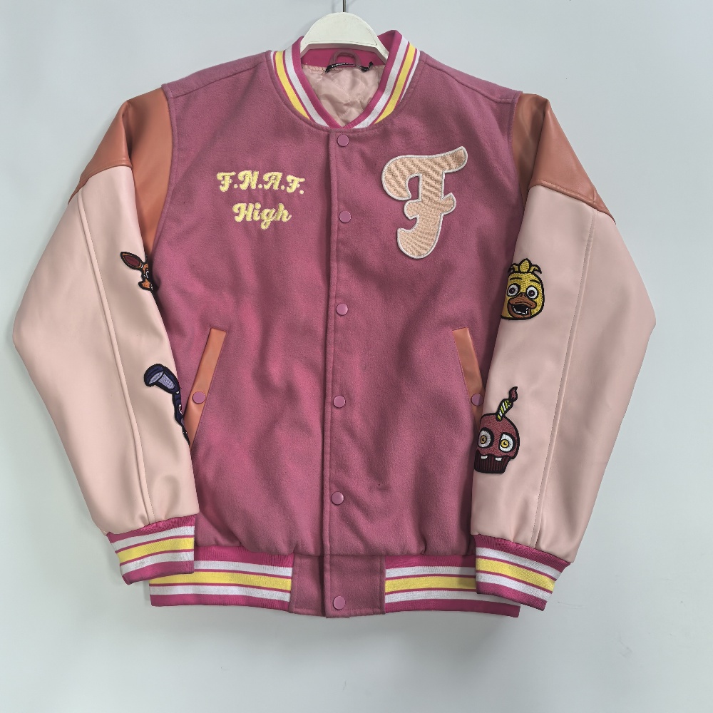 Polyester and leather baseball jackets with embroidered badges and directly embroidered quilted cotton clothes