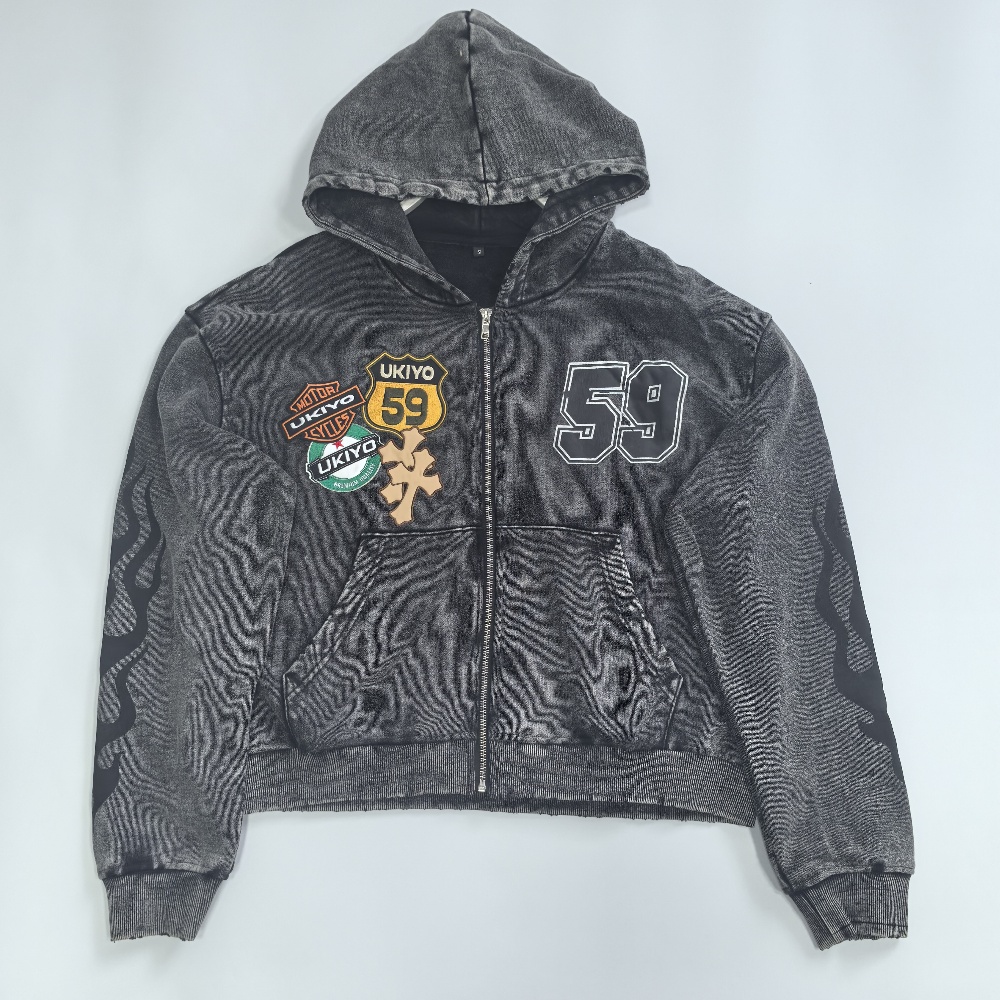 Hooded zippered sweatshirt, embroidered, washed, faded and aged all-cotton sweatshirt, street trendsetter